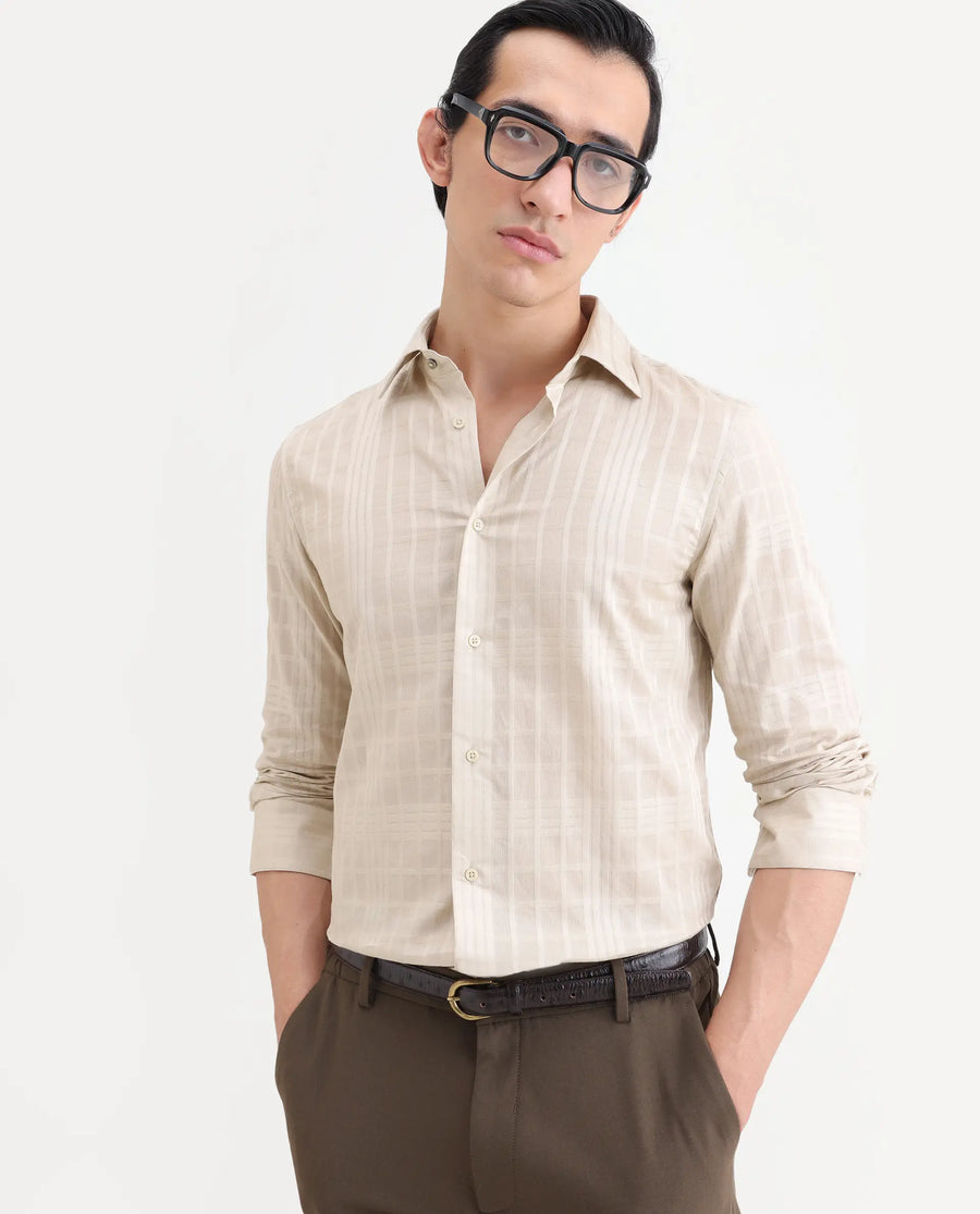 Rare Rabbit Men's Ford Beige Cotton Fabric Full Sleeve Spread Collar Regular Fit Checked Shirt