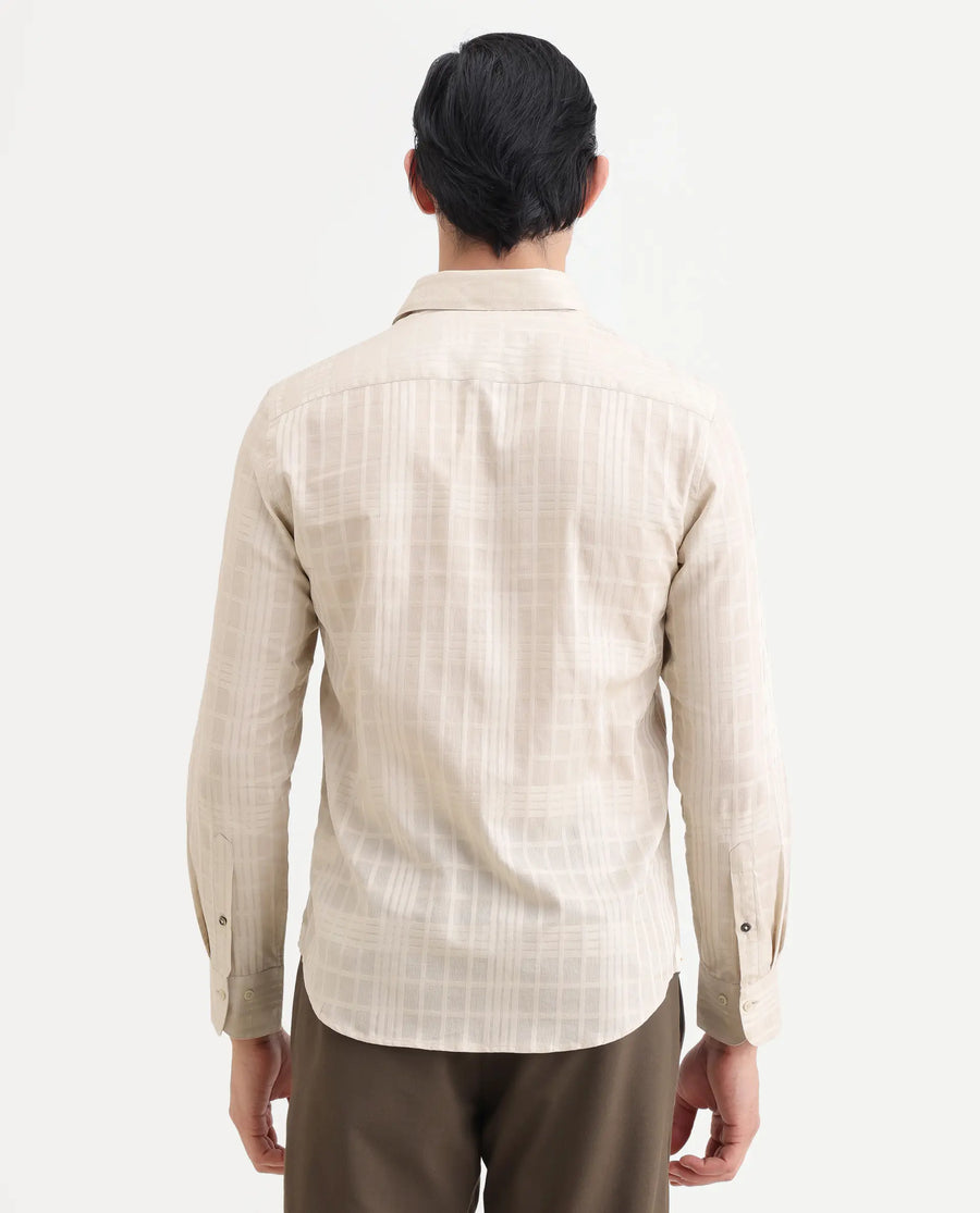 Rare Rabbit Men's Ford Beige Cotton Fabric Full Sleeve Spread Collar Regular Fit Checked Shirt