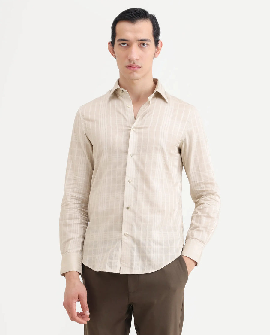 Rare Rabbit Men's Ford Beige Cotton Fabric Full Sleeve Spread Collar Regular Fit Checked Shirt