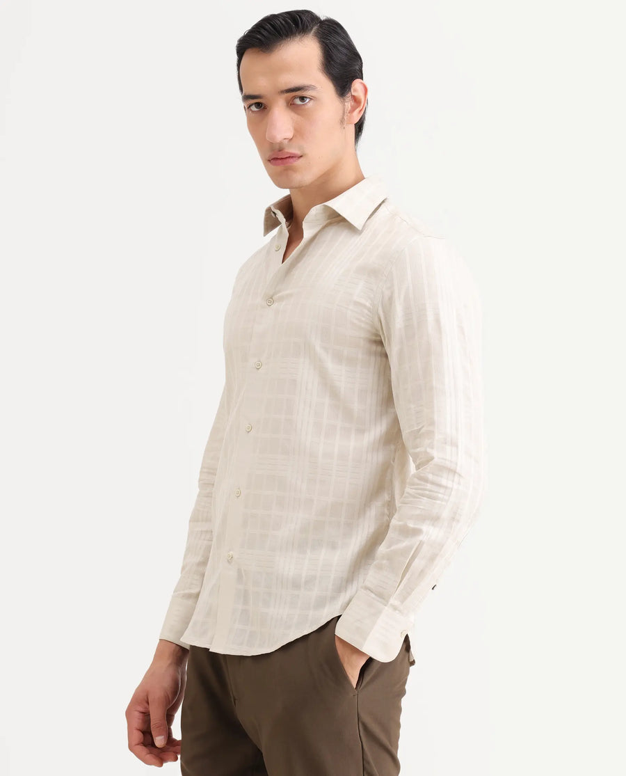 Rare Rabbit Men's Ford Beige Cotton Fabric Full Sleeve Spread Collar Regular Fit Checked Shirt