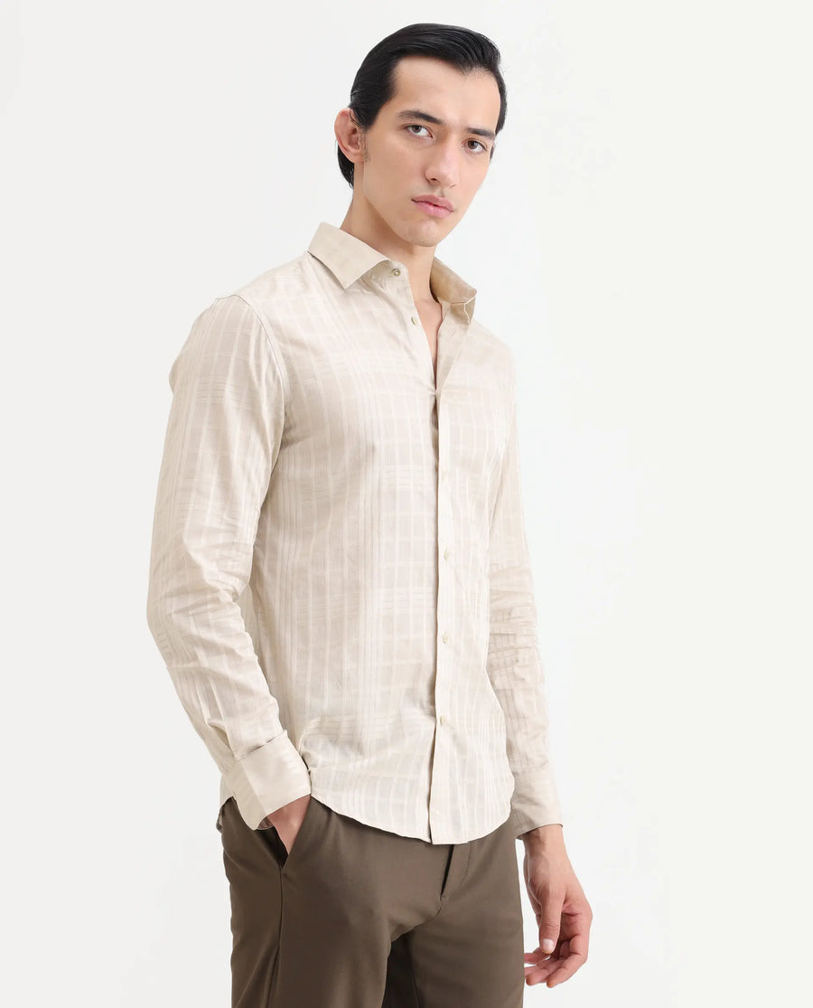 Rare Rabbit Men's Ford Beige Cotton Fabric Full Sleeve Spread Collar Regular Fit Checked Shirt