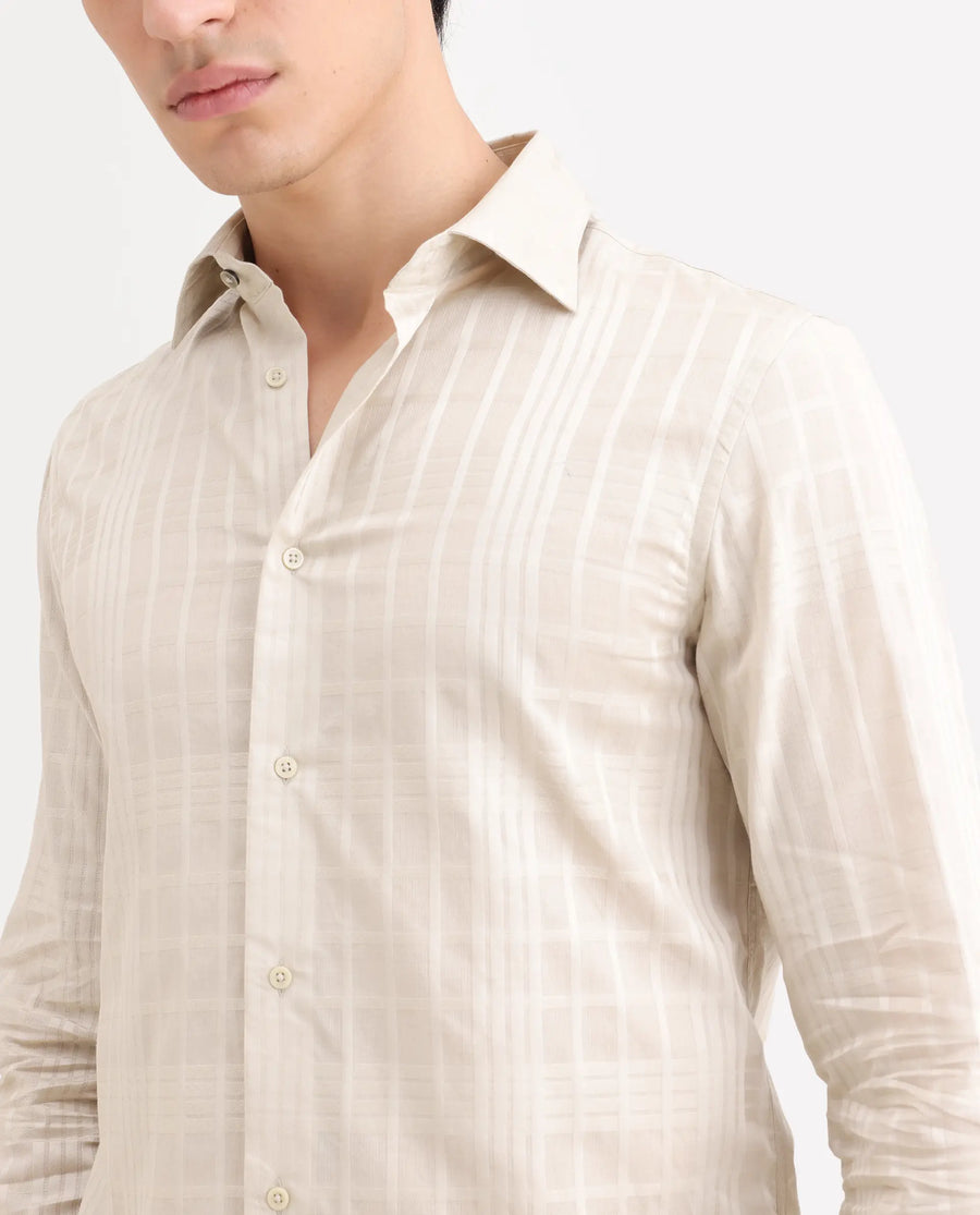Rare Rabbit Men's Ford Beige Cotton Fabric Full Sleeve Spread Collar Regular Fit Checked Shirt