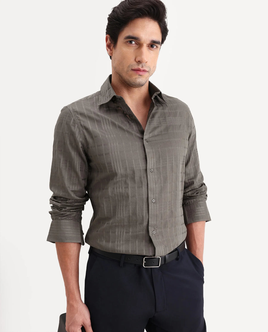 Rare Rabbit Men's Ford Light Brown Cotton Fabric Full Sleeve Spread Collar Regular Fit Checked Shirt