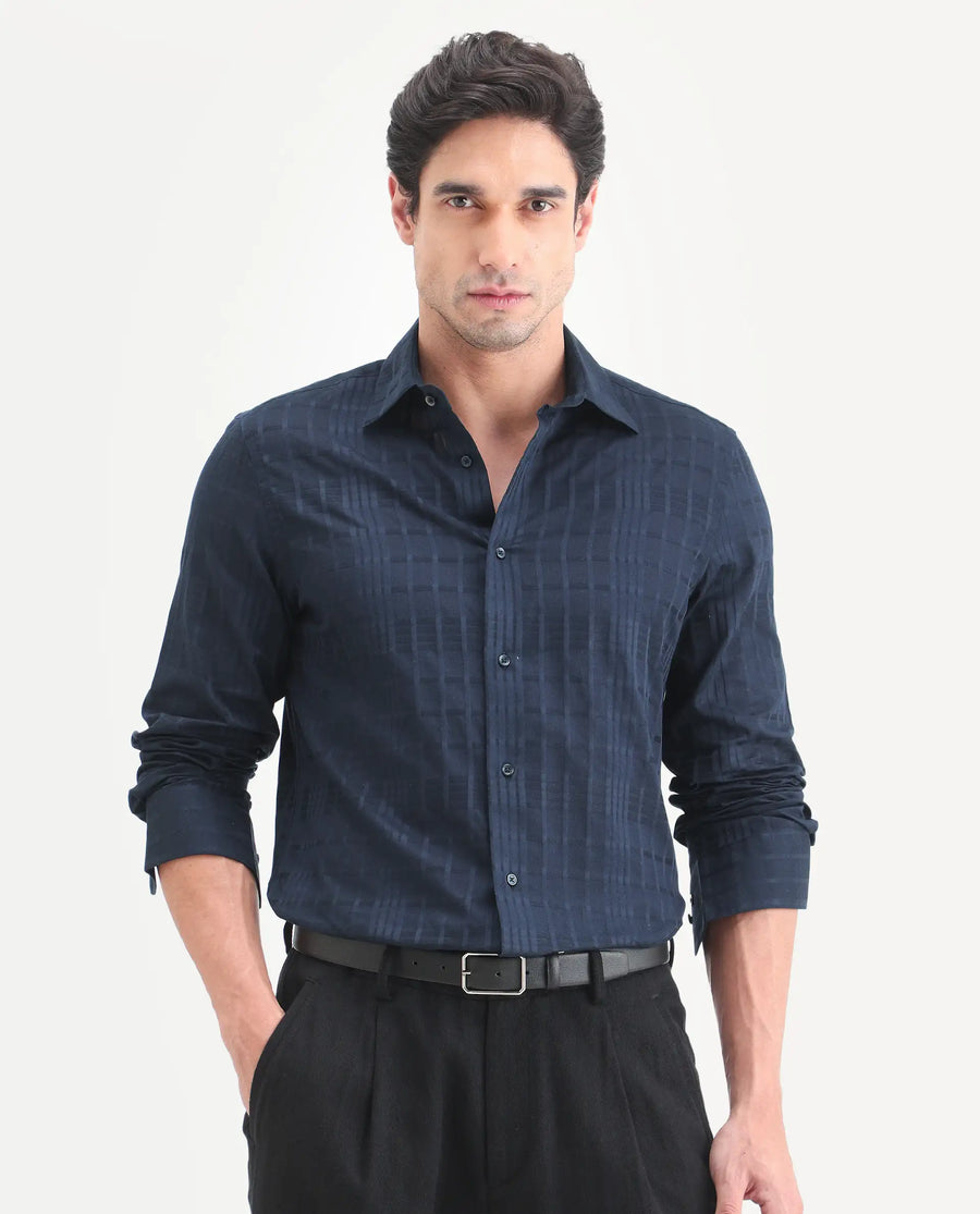Rare Rabbit Men's Ford Navy Cotton Fabric Full Sleeve Spread Collar Regular Fit Checked Shirt