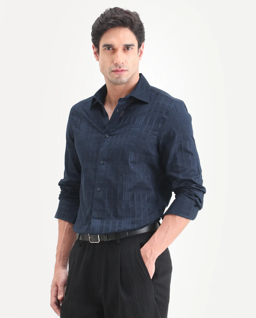 Rare Rabbit Men's Ford Navy Cotton Fabric Full Sleeve Spread Collar Regular Fit Checked Shirt