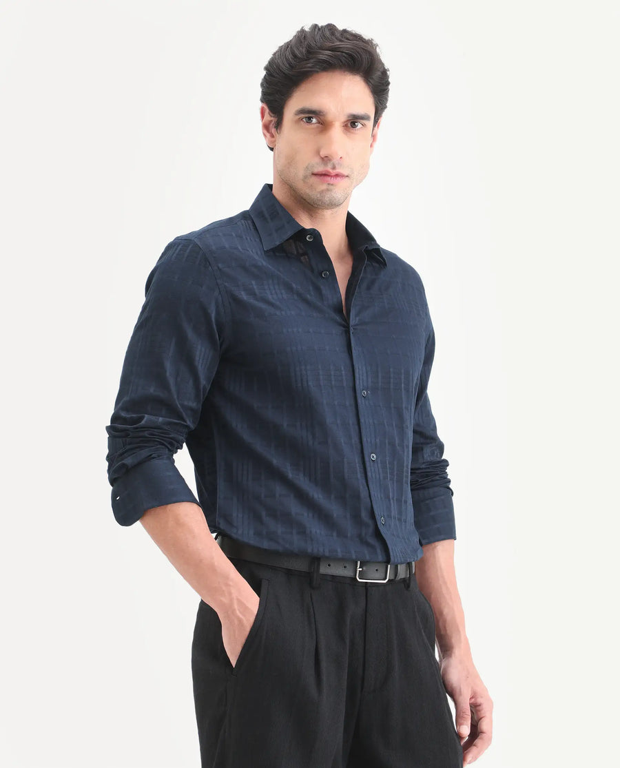 Rare Rabbit Men's Ford Navy Cotton Fabric Full Sleeve Spread Collar Regular Fit Checked Shirt
