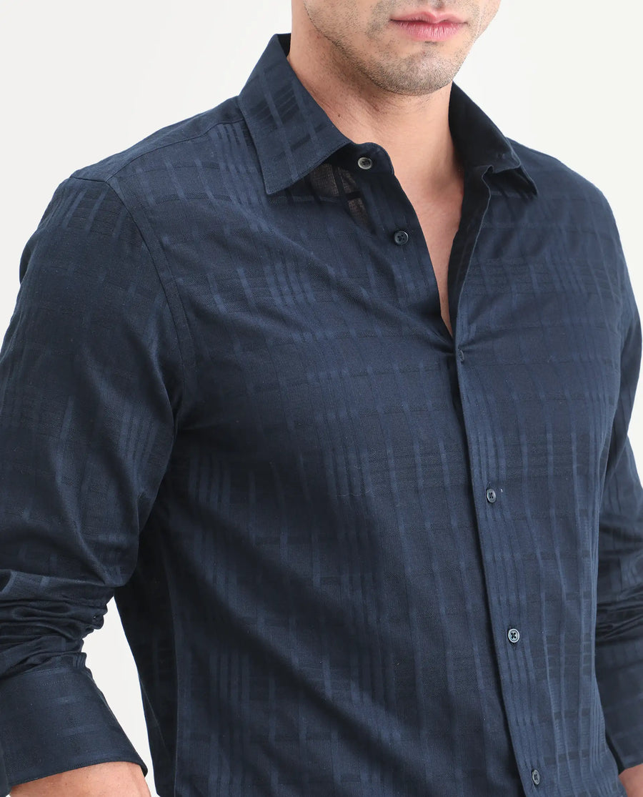 Rare Rabbit Men's Ford Navy Cotton Fabric Full Sleeve Spread Collar Regular Fit Checked Shirt