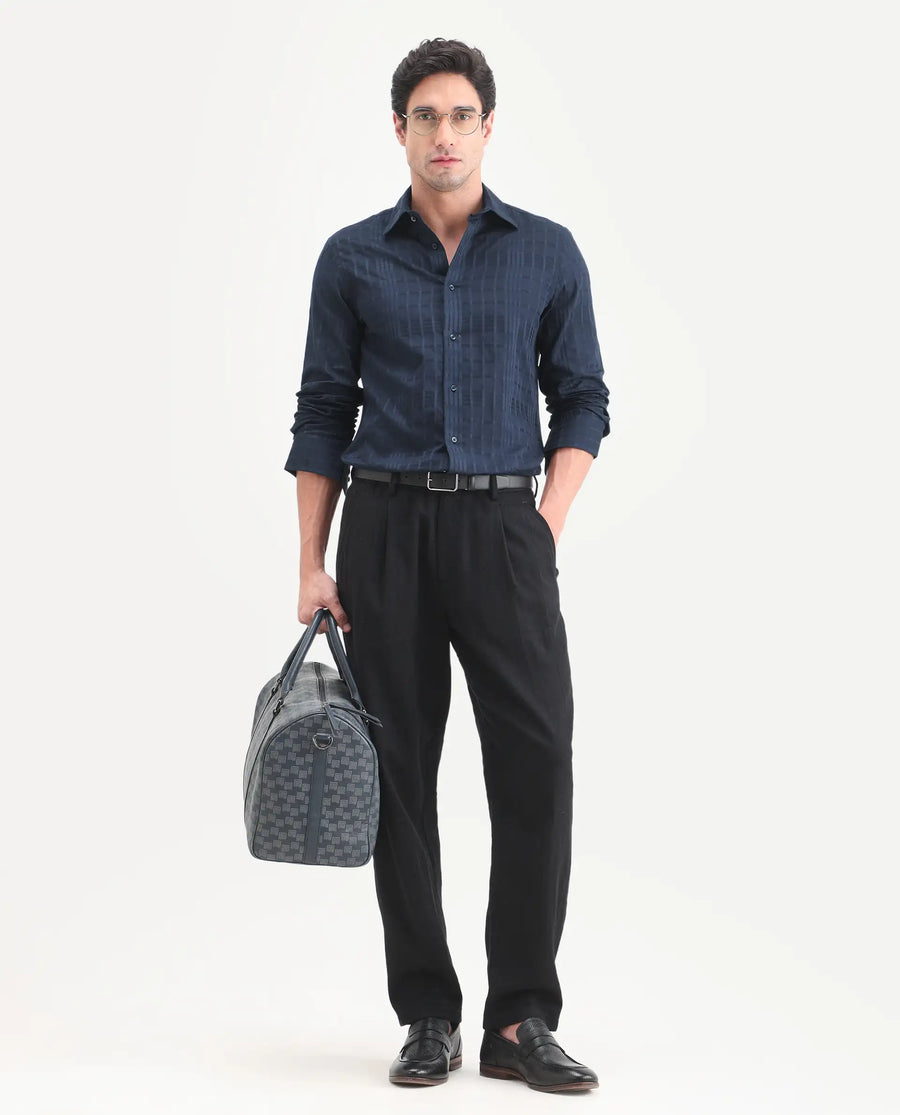 Rare Rabbit Men's Ford Navy Cotton Fabric Full Sleeve Spread Collar Regular Fit Checked Shirt