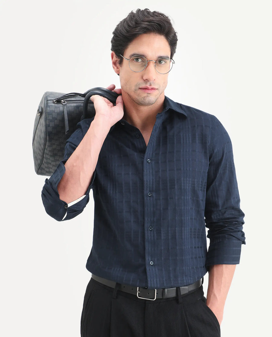 Rare Rabbit Men's Ford Navy Cotton Fabric Full Sleeve Spread Collar Regular Fit Checked Shirt