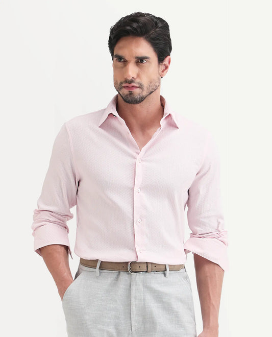 Rare Rabbit Men's Gleny-26 Pastel Pink Cotton Blend Fabric Full Sleeve Collared Regular Fit Textured Shirt