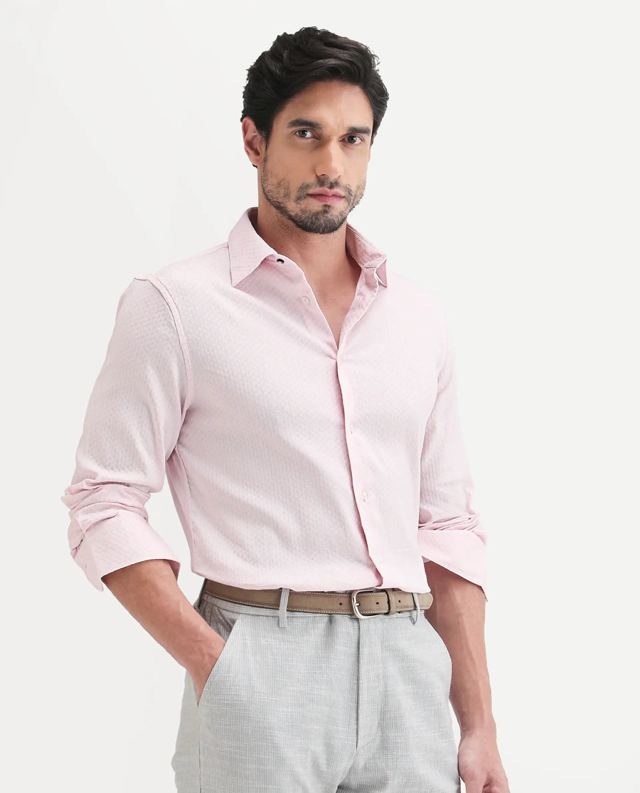 Rare Rabbit Men's Gleny-26 Pastel Pink Cotton Blend Fabric Full Sleeve Collared Regular Fit Textured Shirt