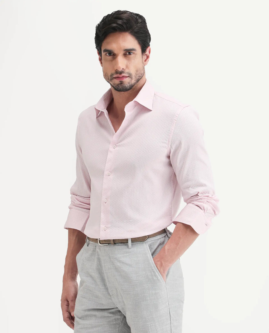 Rare Rabbit Men's Gleny-26 Pastel Pink Cotton Blend Fabric Full Sleeve Collared Regular Fit Textured Shirt