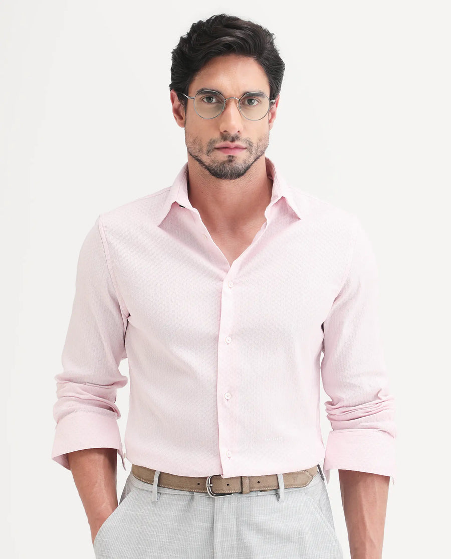 Rare Rabbit Men's Gleny-26 Pastel Pink Cotton Blend Fabric Full Sleeve Collared Regular Fit Textured Shirt