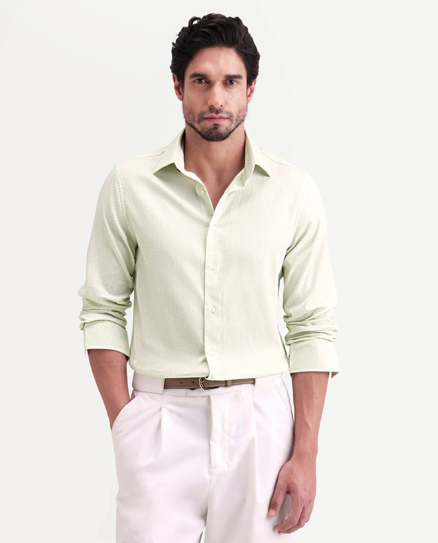 Rare Rabbit Men's Gleny-26 Pastel Green Cotton Blend Fabric Full Sleeve Collared Regular Fit Textured Shirt