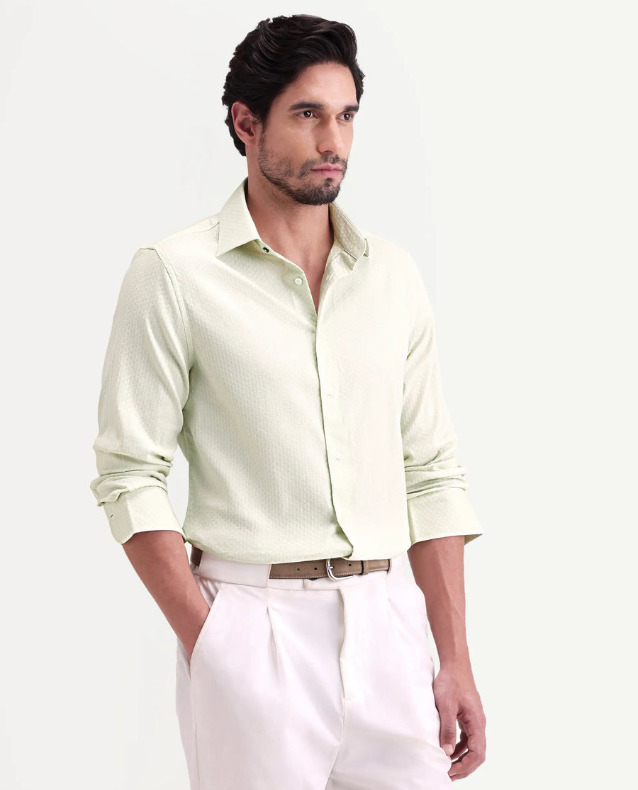 Rare Rabbit Men's Gleny-26 Pastel Green Cotton Blend Fabric Full Sleeve Collared Regular Fit Textured Shirt