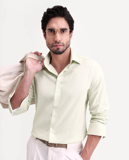Rare Rabbit Men's Gleny-26 Pastel Green Cotton Blend Fabric Full Sleeve Collared Regular Fit Textured Shirt
