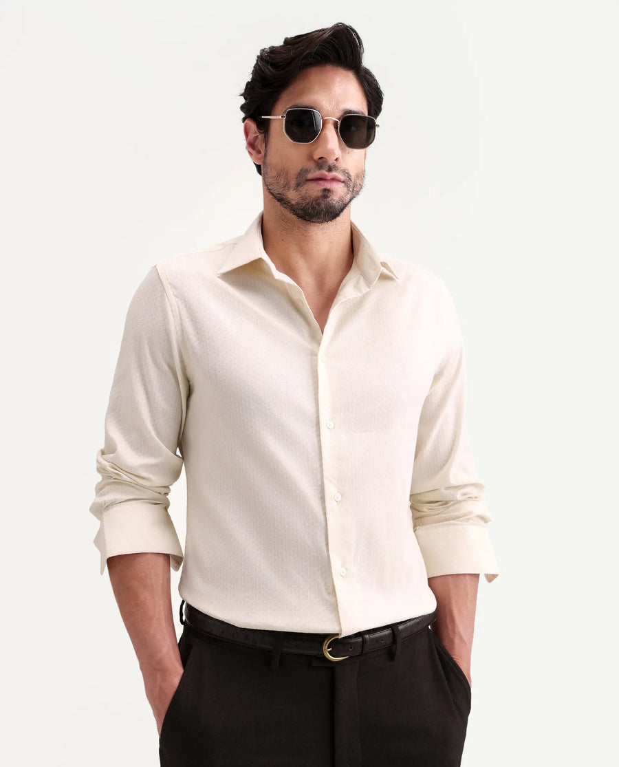 Rare Rabbit Men's Gleny-26 Pastel Yellow Cotton Blend Fabric Full Sleeve Collared Regular Fit Textured Shirt