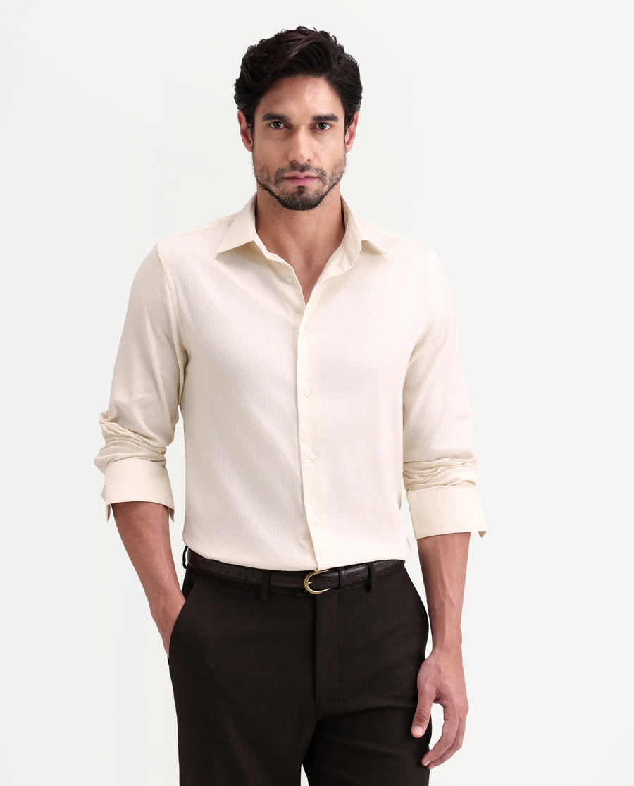 Rare Rabbit Men's Gleny-26 Pastel Yellow Cotton Blend Fabric Full Sleeve Collared Regular Fit Textured Shirt
