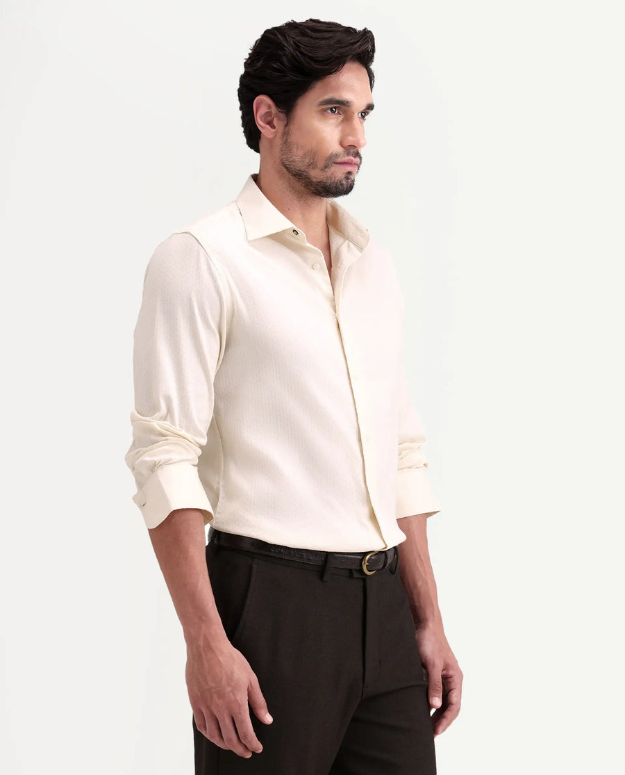 Rare Rabbit Men's Gleny-26 Pastel Yellow Cotton Blend Fabric Full Sleeve Collared Regular Fit Textured Shirt