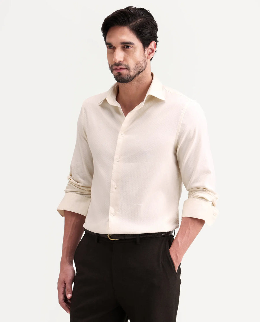 Rare Rabbit Men's Gleny-26 Pastel Yellow Cotton Blend Fabric Full Sleeve Collared Regular Fit Textured Shirt