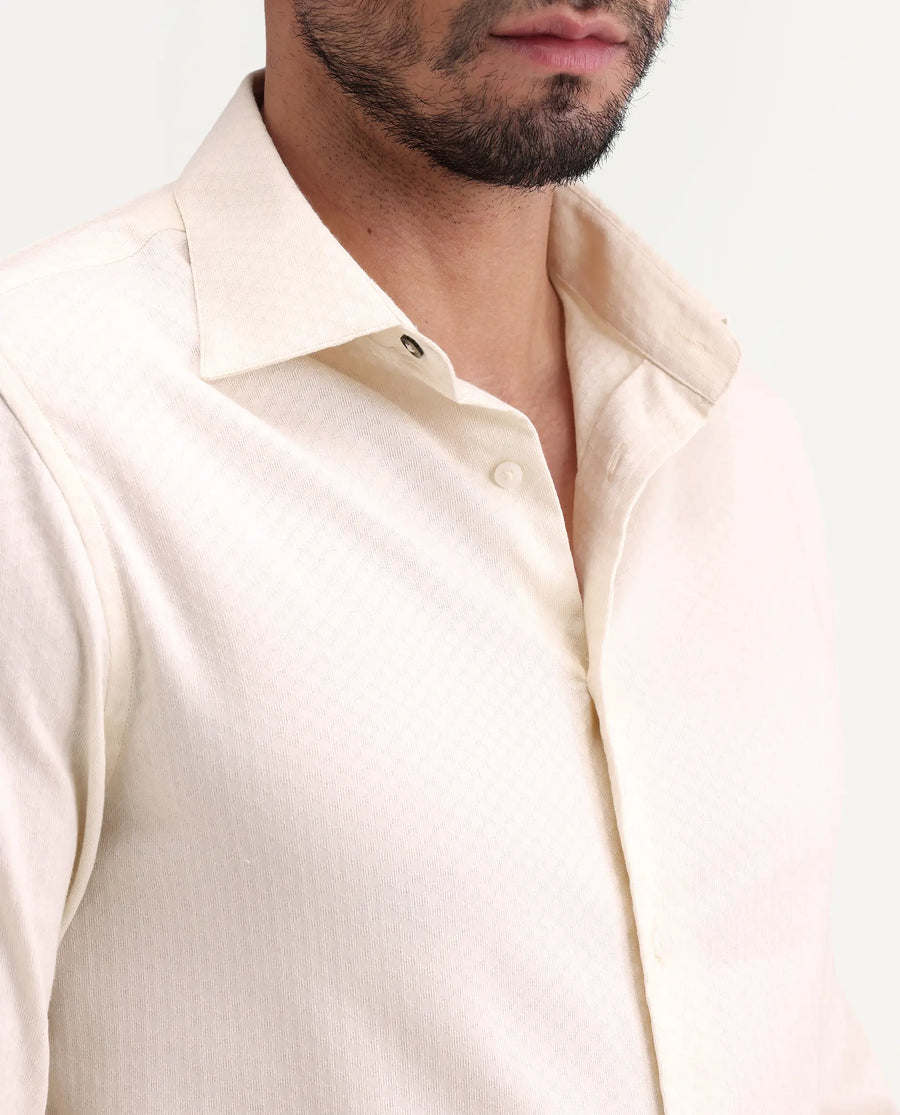 Rare Rabbit Men's Gleny-26 Pastel Yellow Cotton Blend Fabric Full Sleeve Collared Regular Fit Textured Shirt