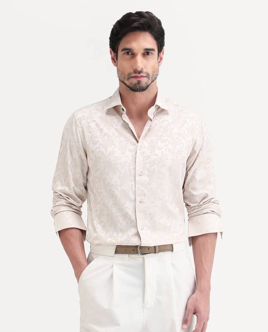 Rare Rabbit Men's Ringer Ls 26 Light Beige Polyester Blend Fabric Full Sleeve Spread Collar Regular Fit Jacquard Shirt