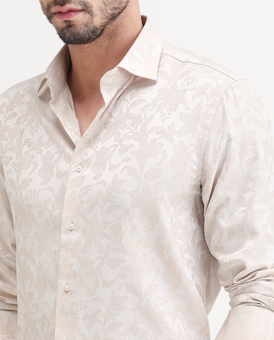 Rare Rabbit Men's Ringer Ls 26 Light Beige Polyester Blend Fabric Full Sleeve Spread Collar Regular Fit Jacquard Shirt