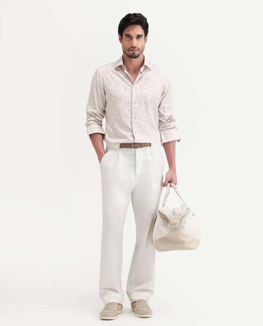 Rare Rabbit Men's Ringer Ls 26 Light Beige Polyester Blend Fabric Full Sleeve Spread Collar Regular Fit Jacquard Shirt