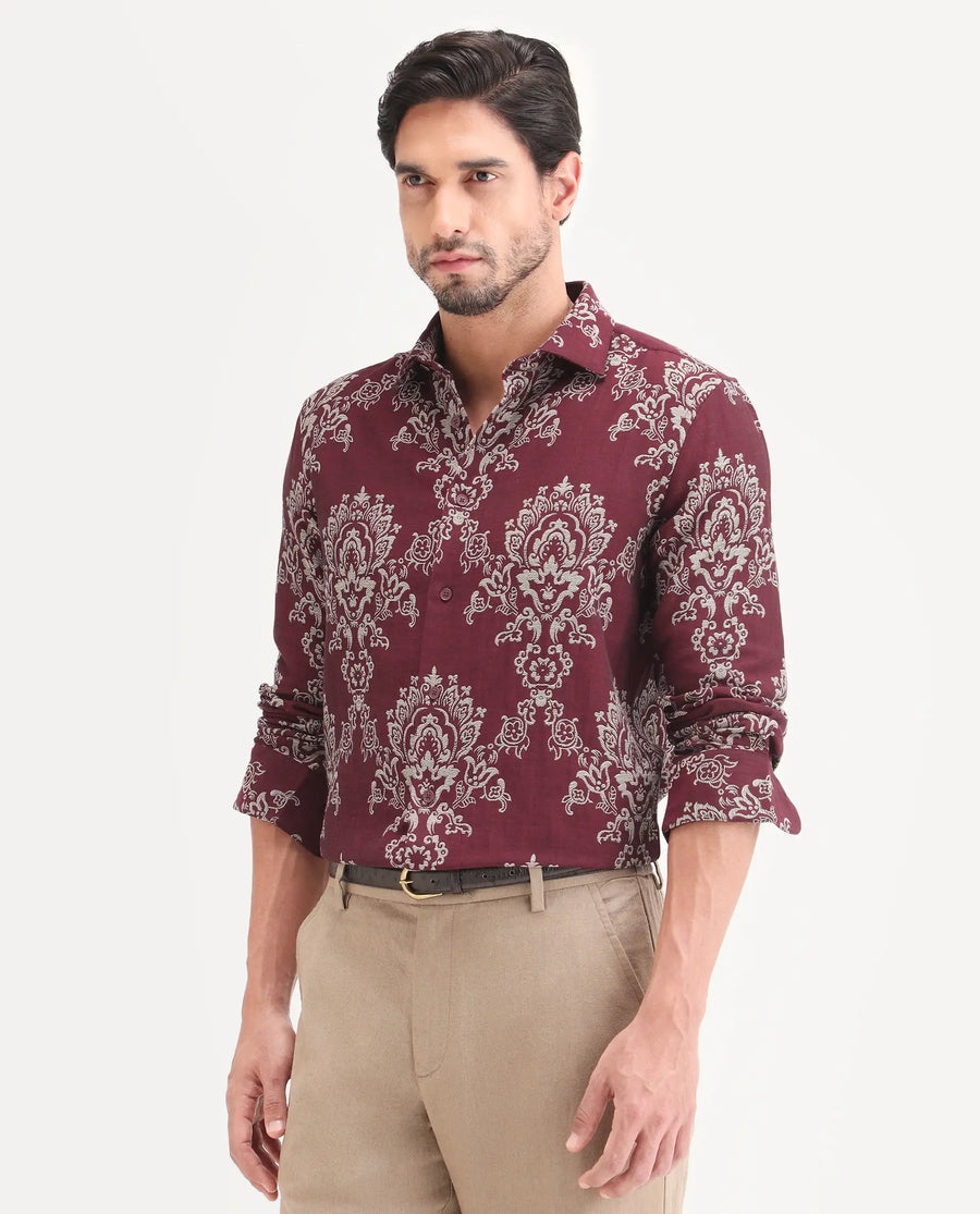 Rare Rabbit Men's Tiel Red Cotton Fabric Full Sleeve Spread Collar Button Regular Fit Jacquard Shirt