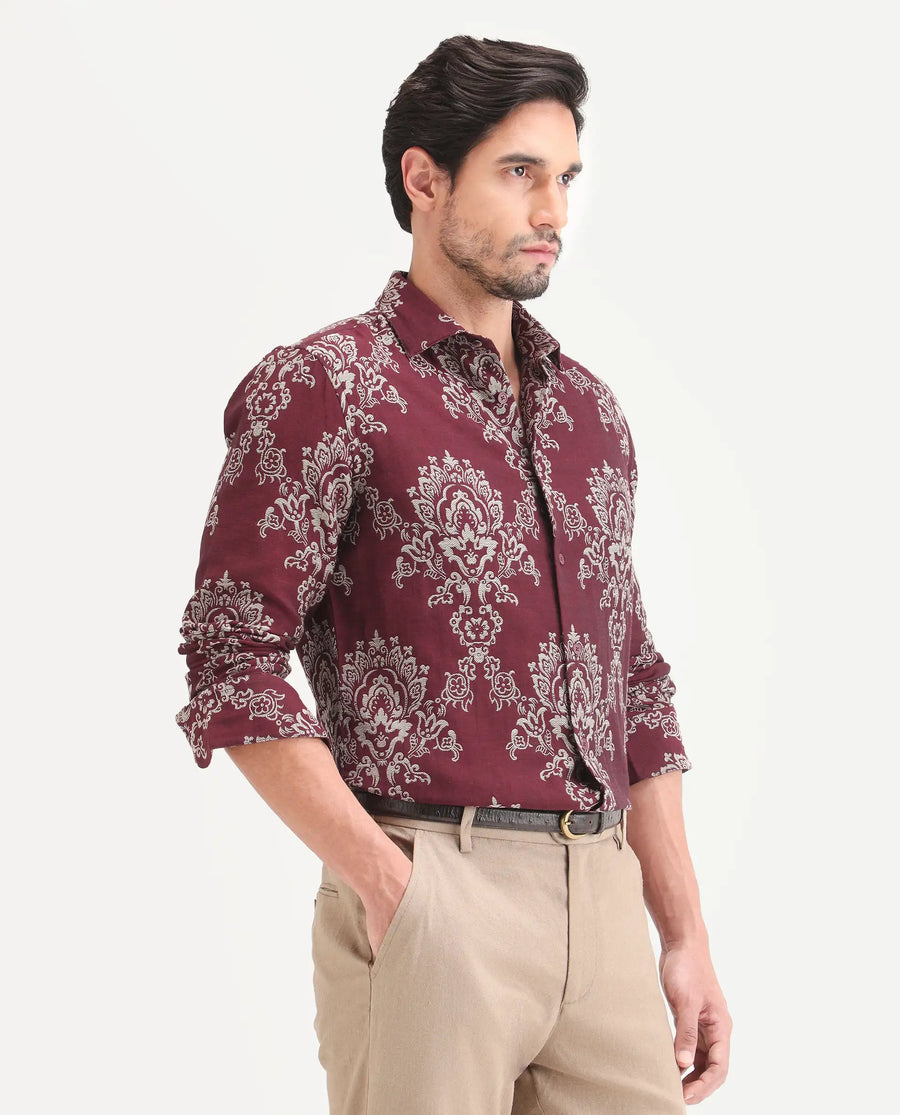 Rare Rabbit Men's Tiel Red Cotton Fabric Full Sleeve Spread Collar Button Regular Fit Jacquard Shirt