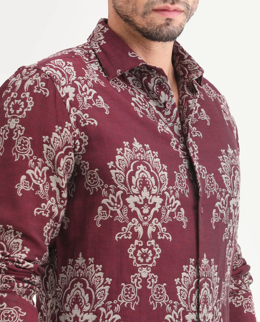 Rare Rabbit Men's Tiel Red Cotton Fabric Full Sleeve Spread Collar Button Regular Fit Jacquard Shirt
