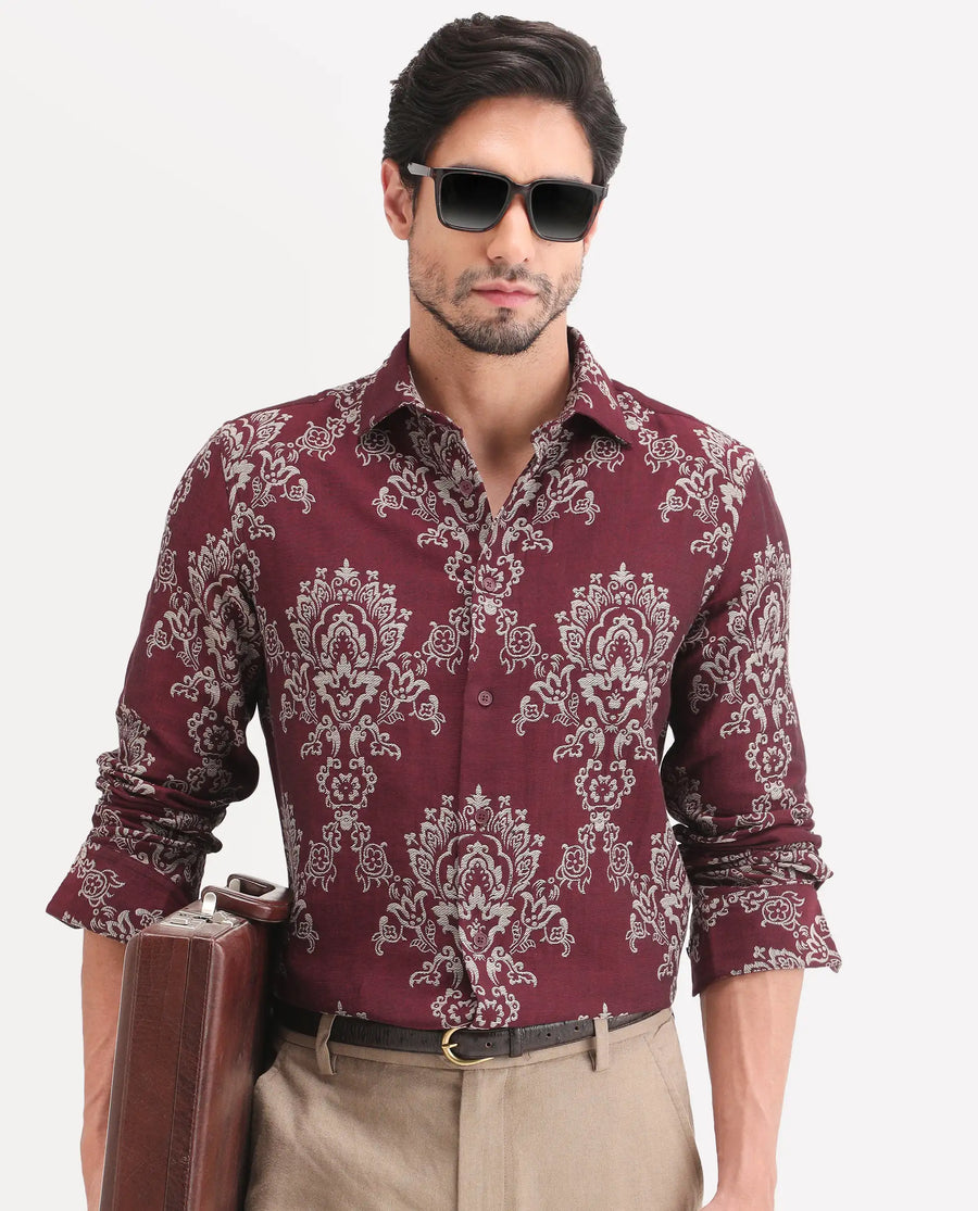 Rare Rabbit Men's Tiel Red Cotton Fabric Full Sleeve Spread Collar Button Regular Fit Jacquard Shirt