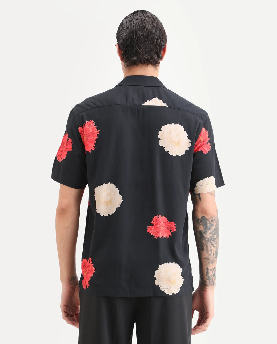 Rare Rabbit Men's Nulk Black Viscose Fabric Half Sleeve Spread Collar Regular Fit Floral Print Shirt