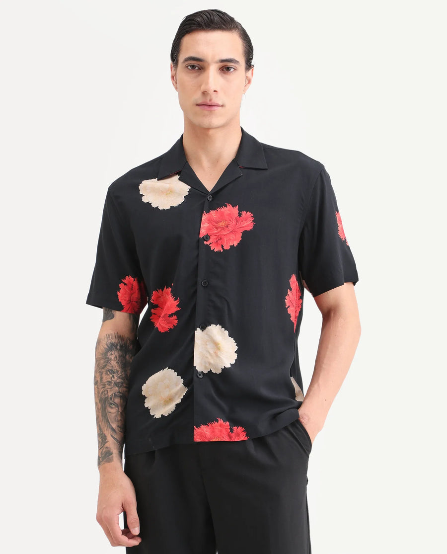 Rare Rabbit Men's Nulk Black Viscose Fabric Half Sleeve Spread Collar Regular Fit Floral Print Shirt