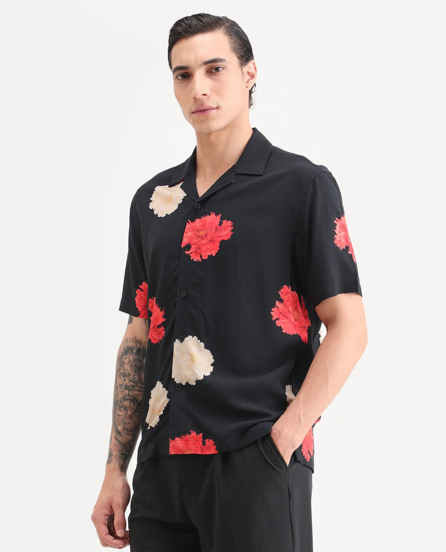 Rare Rabbit Men's Nulk Black Viscose Fabric Half Sleeve Spread Collar Regular Fit Floral Print Shirt