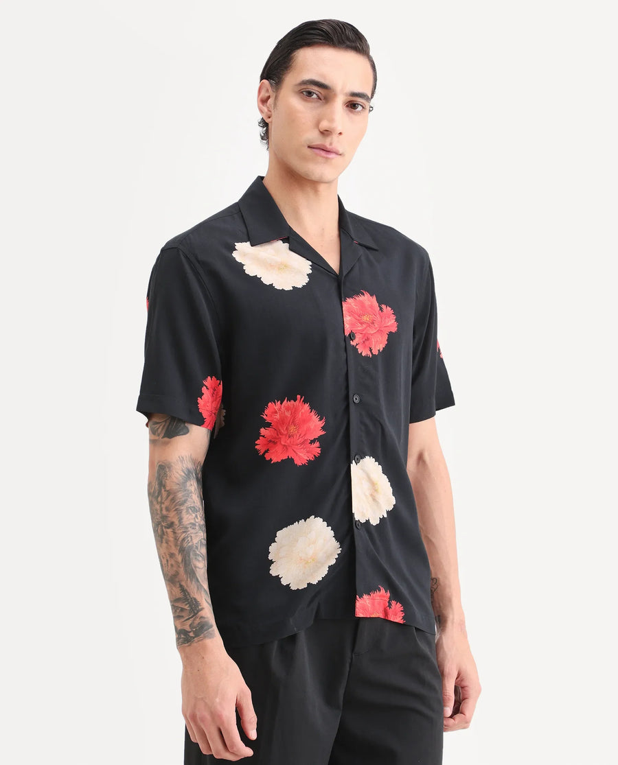 Rare Rabbit Men's Nulk Black Viscose Fabric Half Sleeve Spread Collar Regular Fit Floral Print Shirt