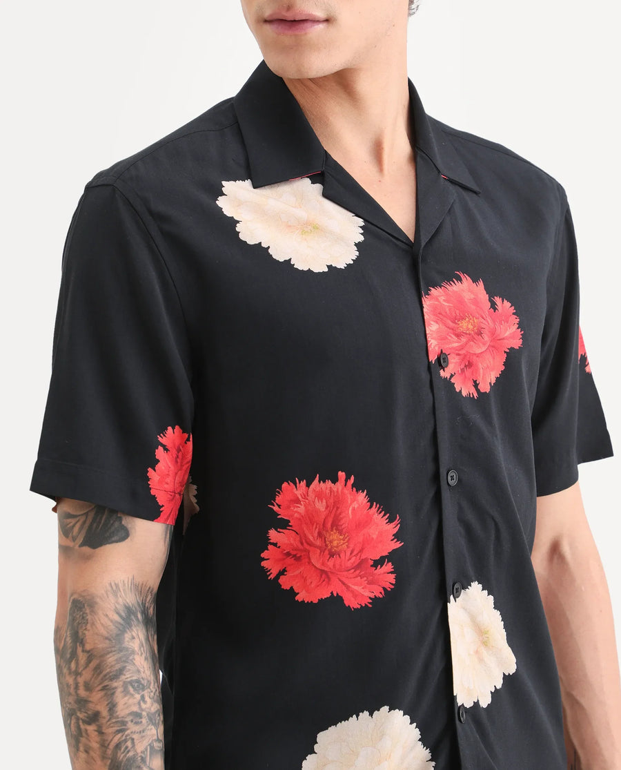 Rare Rabbit Men's Nulk Black Viscose Fabric Half Sleeve Spread Collar Regular Fit Floral Print Shirt