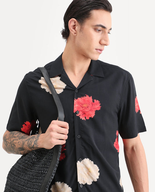 Rare Rabbit Men's Nulk Black Viscose Fabric Half Sleeve Spread Collar Regular Fit Floral Print Shirt