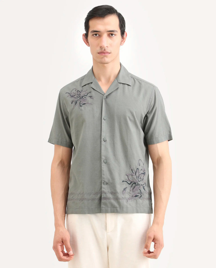Rare Rabbit Men's Plem Dusky Blue Cotton Blend Fabric Half Sleeve Cuban Collar Relaxed Fit Embroidered Shirt