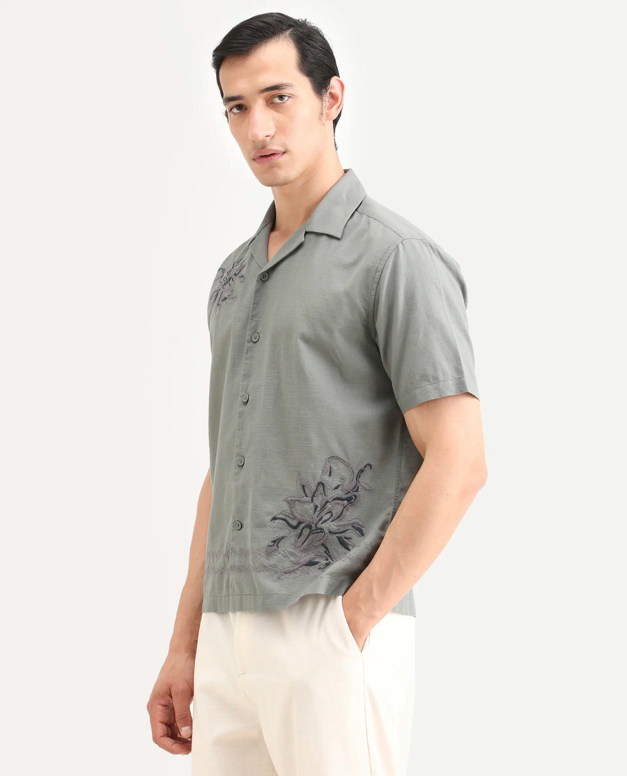 Rare Rabbit Men's Plem Dusky Blue Cotton Blend Fabric Half Sleeve Cuban Collar Relaxed Fit Embroidered Shirt
