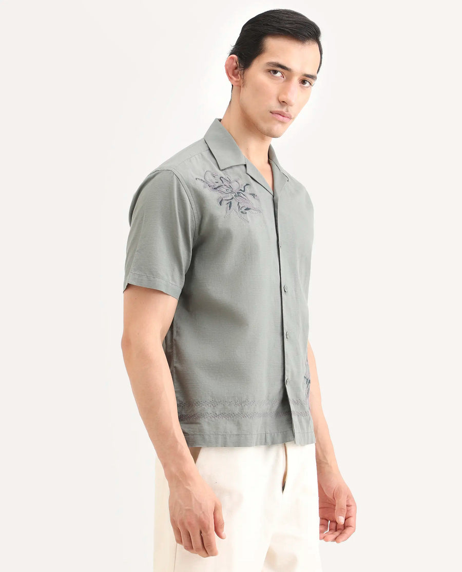 Rare Rabbit Men's Plem Dusky Blue Cotton Blend Fabric Half Sleeve Cuban Collar Relaxed Fit Embroidered Shirt