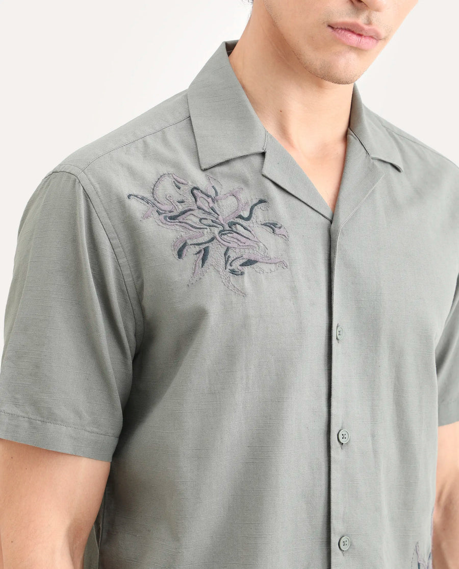 Rare Rabbit Men's Plem Dusky Blue Cotton Blend Fabric Half Sleeve Cuban Collar Relaxed Fit Embroidered Shirt