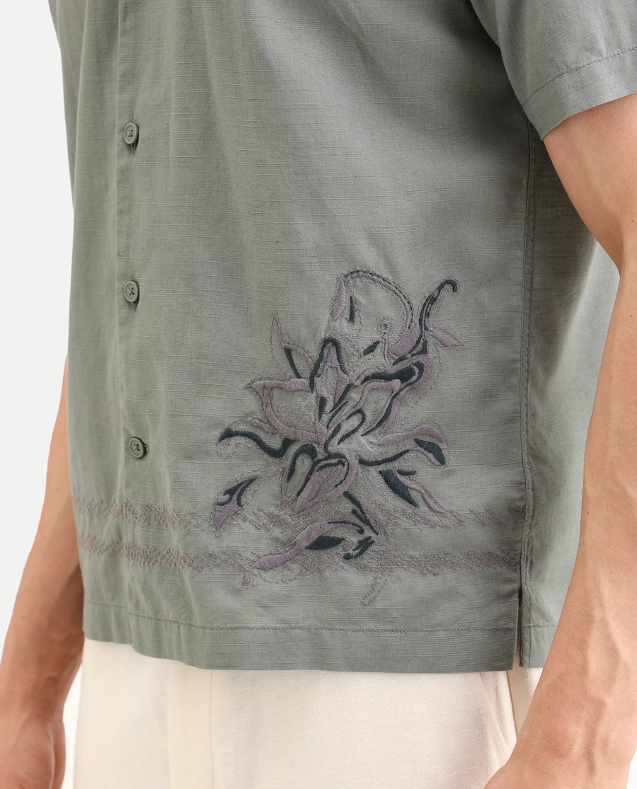 Rare Rabbit Men's Plem Dusky Blue Cotton Blend Fabric Half Sleeve Cuban Collar Relaxed Fit Embroidered Shirt