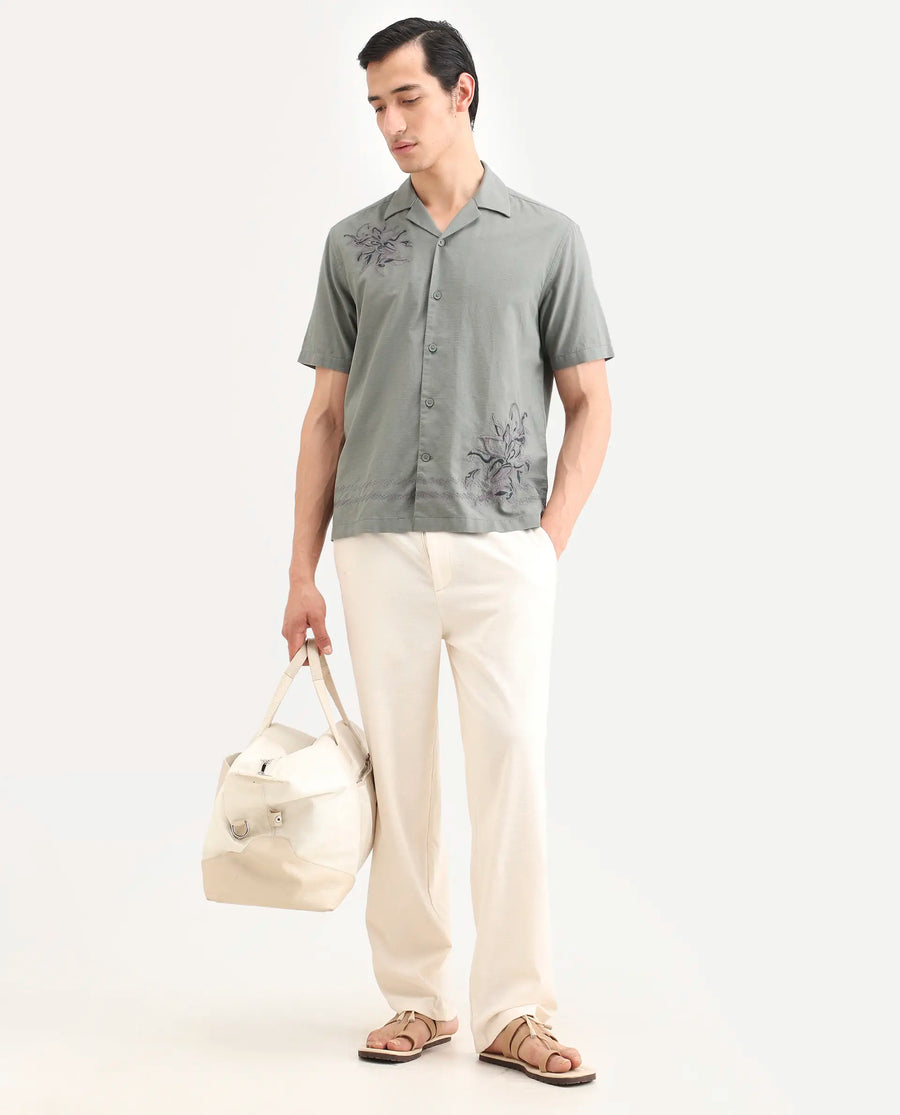 Rare Rabbit Men's Plem Dusky Blue Cotton Blend Fabric Half Sleeve Cuban Collar Relaxed Fit Embroidered Shirt