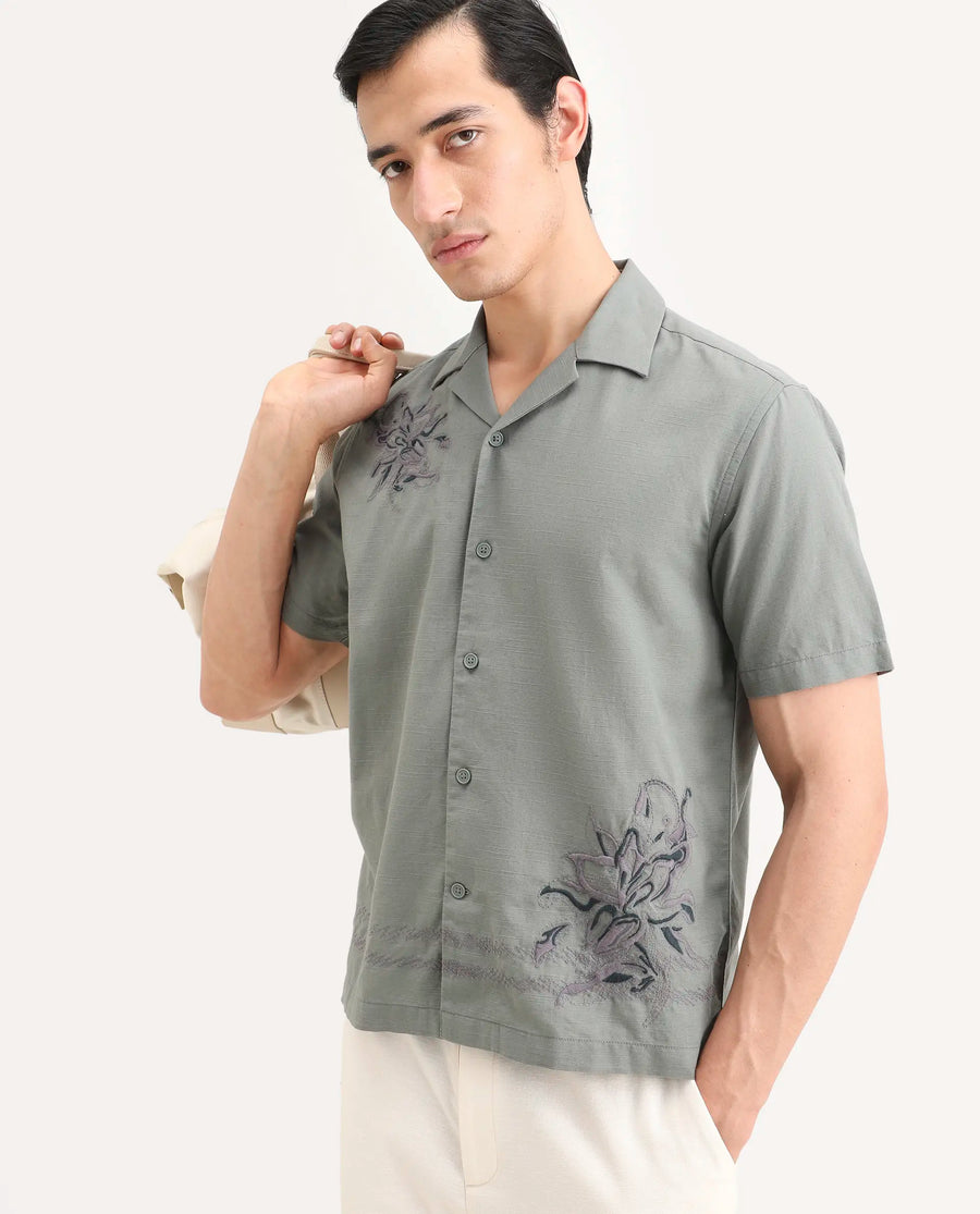 Rare Rabbit Men's Plem Dusky Blue Cotton Blend Fabric Half Sleeve Cuban Collar Relaxed Fit Embroidered Shirt