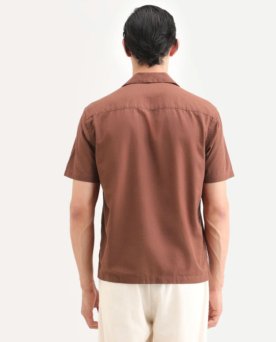 Rare Rabbit Men's Plem Brown Cotton Blend Fabric Half Sleeve Cuban Collar Relaxed Fit Embroidered Shirt