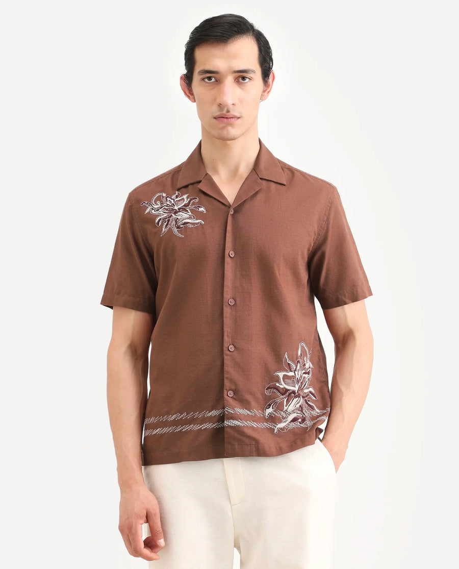 Rare Rabbit Men's Plem Brown Cotton Blend Fabric Half Sleeve Cuban Collar Relaxed Fit Embroidered Shirt