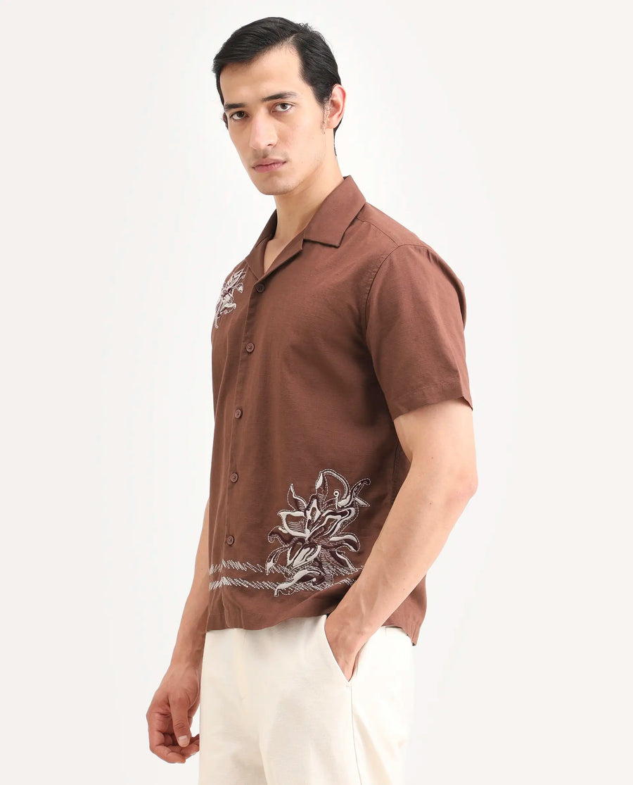 Rare Rabbit Men's Plem Brown Cotton Blend Fabric Half Sleeve Cuban Collar Relaxed Fit Embroidered Shirt
