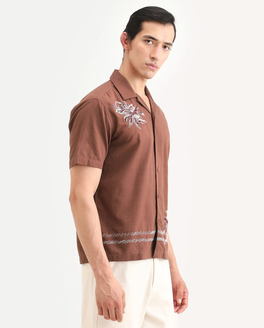 Rare Rabbit Men's Plem Brown Cotton Blend Fabric Half Sleeve Cuban Collar Relaxed Fit Embroidered Shirt