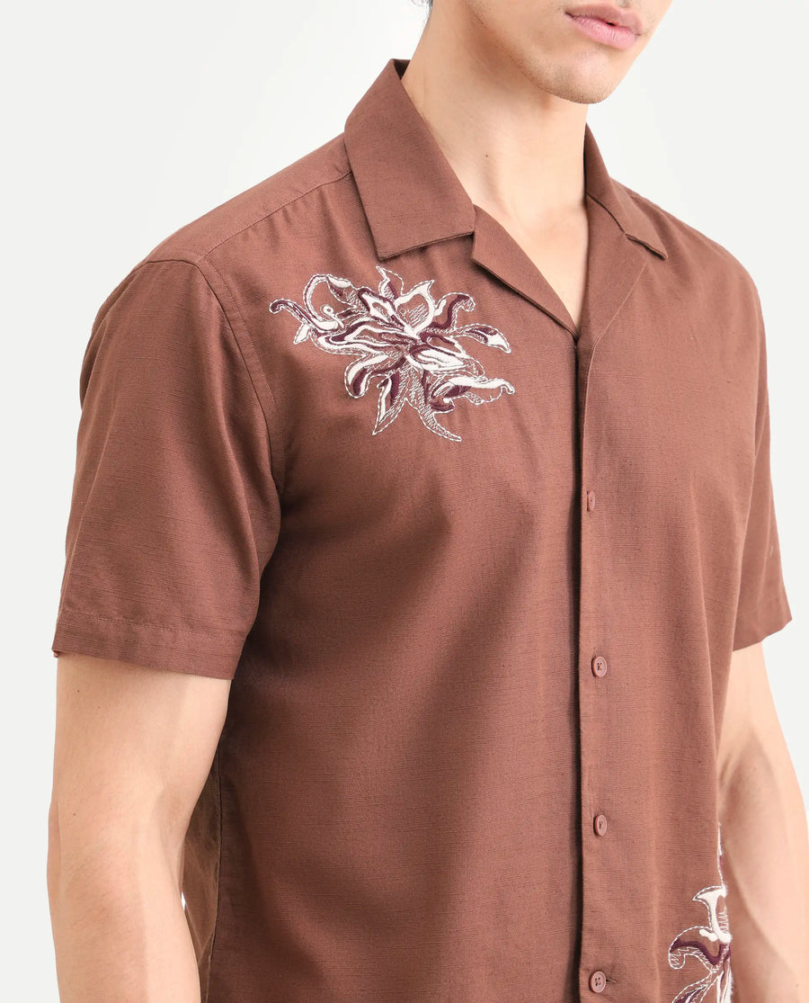 Rare Rabbit Men's Plem Brown Cotton Blend Fabric Half Sleeve Cuban Collar Relaxed Fit Embroidered Shirt